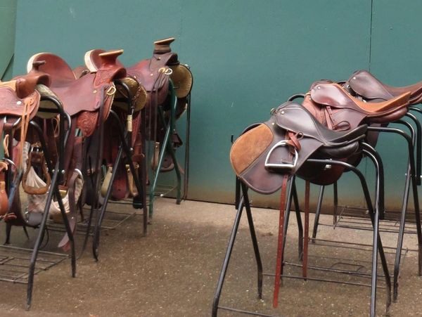 A group of saddles sitting on top of chairs.